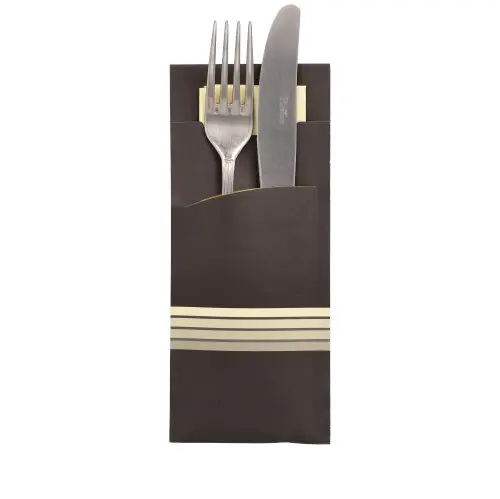Bestecktaschen 20 cm x 8,5 cm schwarz/creme "Stripes" inkl. farbiger Serviette
