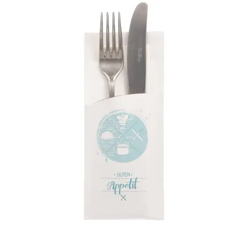 Bestecktaschen 20 cm x 8,5 cm weiss "Guten Appetit" inkl. weißer Serviette
