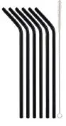 [PR/02007] Glas Trinkhalme 240 mm angewinkelt 6er Set schwarz + Bürste