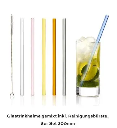 [PR/01395] Glas Trinkhalme 200 mm mix farbig 6er Set + Bürste - Aktion