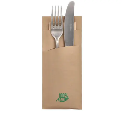 [PR/01070] Bestecktaschen 20 cm x 8,5 cm braun "100% Fair" inkl. naturfarbener Recycling-Serviette
