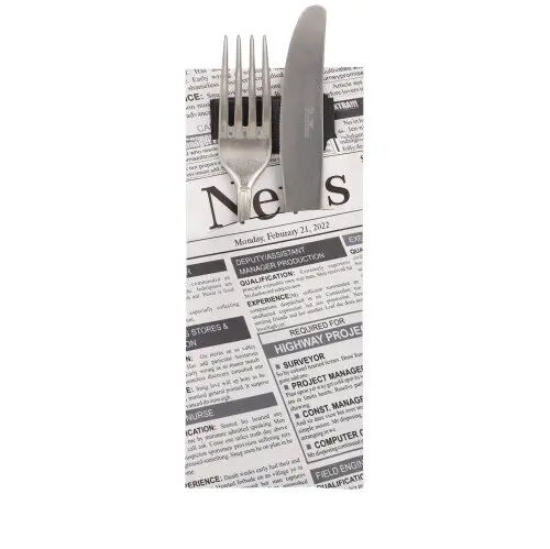 [PR/01072] Bestecktaschen 20 cm x 8,5 cm schwarz/weiss "Newsprint" inkl. schwarzer Serviette