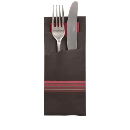 [PR/01078] Bestecktaschen 20 cm x 8,5 cm schwarz/bordeaux "Stripes" inkl. farbiger Serviette