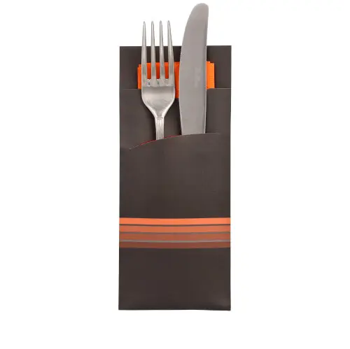 [PR/01010] Bestecktaschen 20 cm x 8,5 cm schwarz/orange "Stripes" inkl. farbiger Serviette